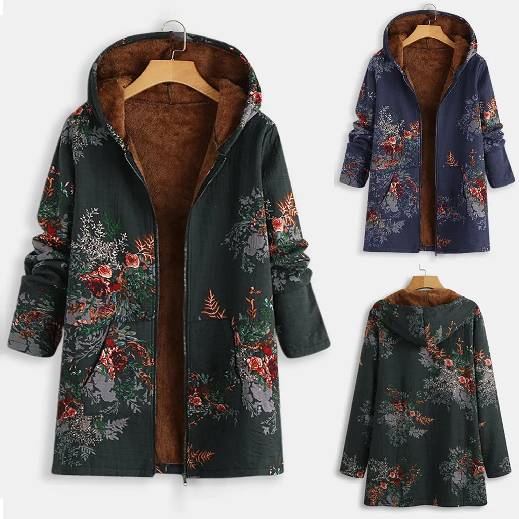 ethnic printed faux fur hooded fleece autumn winter coat