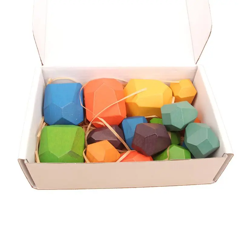 

16 Pcs Children Wooden Colored Stone Stacking Game Building Block Education Toy