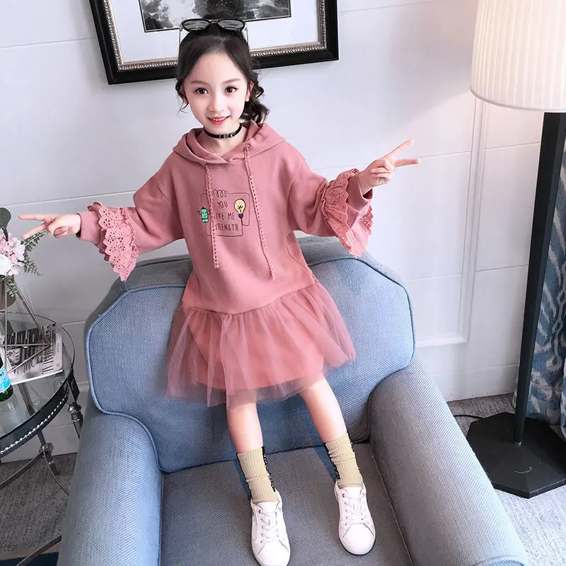 

Teenager Spring Autumn Party Dress Fashion Children Girls Cotton Longsleeve Lace Dress Little Girls Hooded Casual Dress
