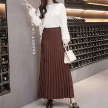 Осень зима теплая длинная юбка ампир Мода Высокая талия Твердые плиссированные юбки Корейская Дамская Толстая Макси вязаная юбка