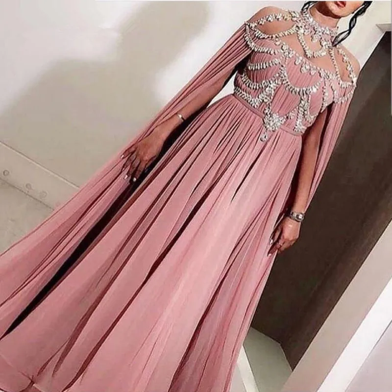 Розовые мусульманские Вечерние платья трапециевидной формы с высоким воротником из шифона с кристаллами и длинными ислам Дубаи из Саудовской Аравии, длинное вечернее платье