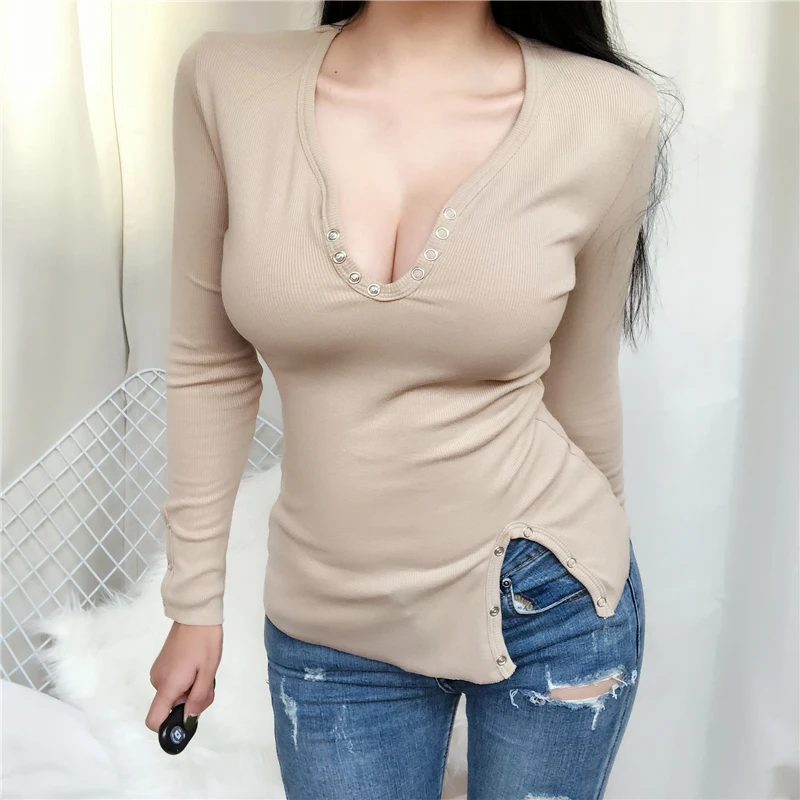 

Sexy V-Neck Button Tshirt Women T Shirt 2020 Autumn T-Shirt Women Tops Korean Long Sleeve Vetement Femme Ropa Mujer Clothes