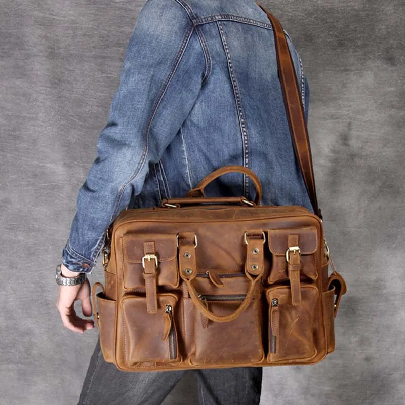 15" New Real Vintage Leather Large Messenger Laptop Satchel Briefcase Men's Bag 