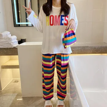 

Autumn Pajamas Suits For Ladies Casual Loose Comfy Cotton Homewear Cute Lovely Rainbow Stripes Strawberry Prints 2 Pcs Set