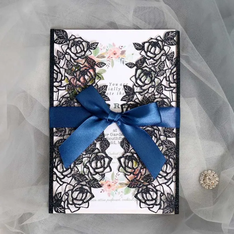  10pcs/set Glitter Laser Cut Rose Invitations Card With Ribbons Wedding Party 72XF - 4000389161397