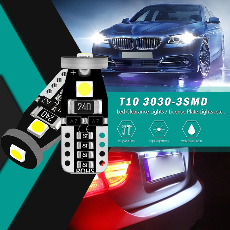 2x t10 светодиодный лампочка w5w светодиодный автомобильный DRL 3030 3SMD 194 168 габаритные огни для чтения интерьерная лампа резистор Canbus 12V 6500k белый короткий