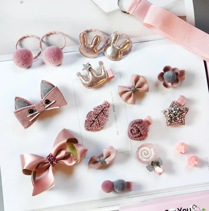 dusty pink set 18 шт., комплект одежды для головы, Детские эластичные заколки для волос с бантиком, корона, кролик, цветок, заколки для волос, детский бант, подарок для девочек, A86 - Цвет: dusty pink set