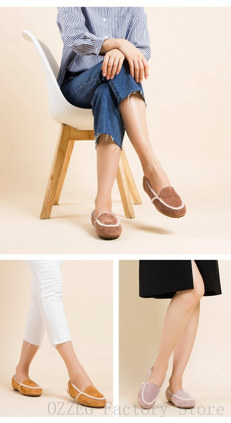 OZZEG/Роскошная брендовая дизайнерская обувь; женские зимние лоферы из натуральной кожи на плоской подошве с австралийским овечьим мехом; женская обувь; цвет розовый, коричневый, серый, кофейный