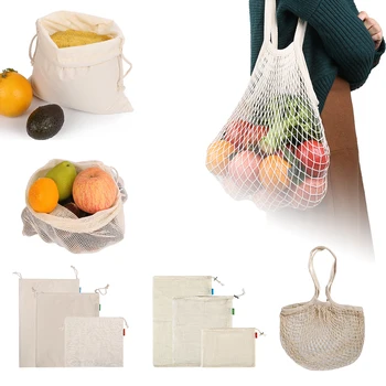 

7pcs/Set Kitchen Cotton Mesh Produce Bags Reusable Washable Storage Drawstring Bag For Shopping Grocery Fruit Vegetable