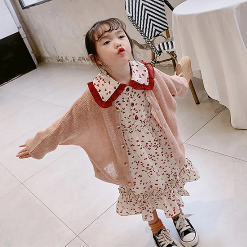 Новое поступление, осеннее платье с длинными рукавами и воротником для девочек Детские платья с узором в виде сердца
