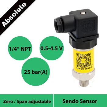 

absolute pression transmitter, 25 bar, 2.5 mpa abs pressure sensor, 0.5 to 4.5V, 5Vdc power, 1/4 npt thread, hirschmann, IP65