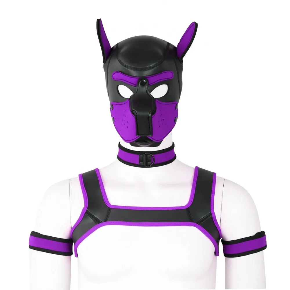 Purple Щенок играть собака комплект садо для наращивания на всю голову капюшон Маска воротник чехол для телефона на руку Косплэй фантазия нагрудного ремня, сексуальный костюм полицейского, для взрослых эротических игр Slave - Цвет: Purple