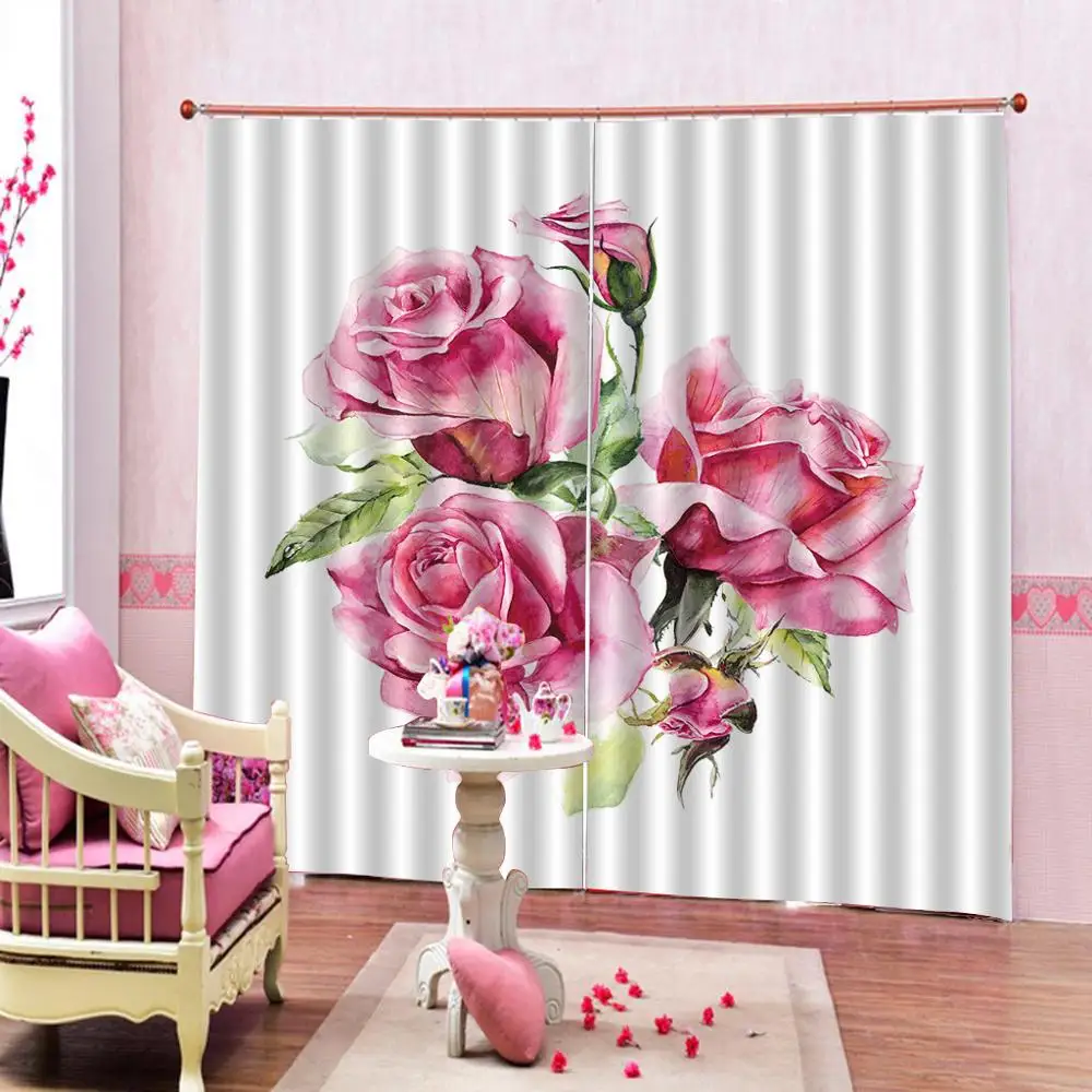 Creative personality dew pink rose print curtain For living room bedroom Curtains sunshade curtain