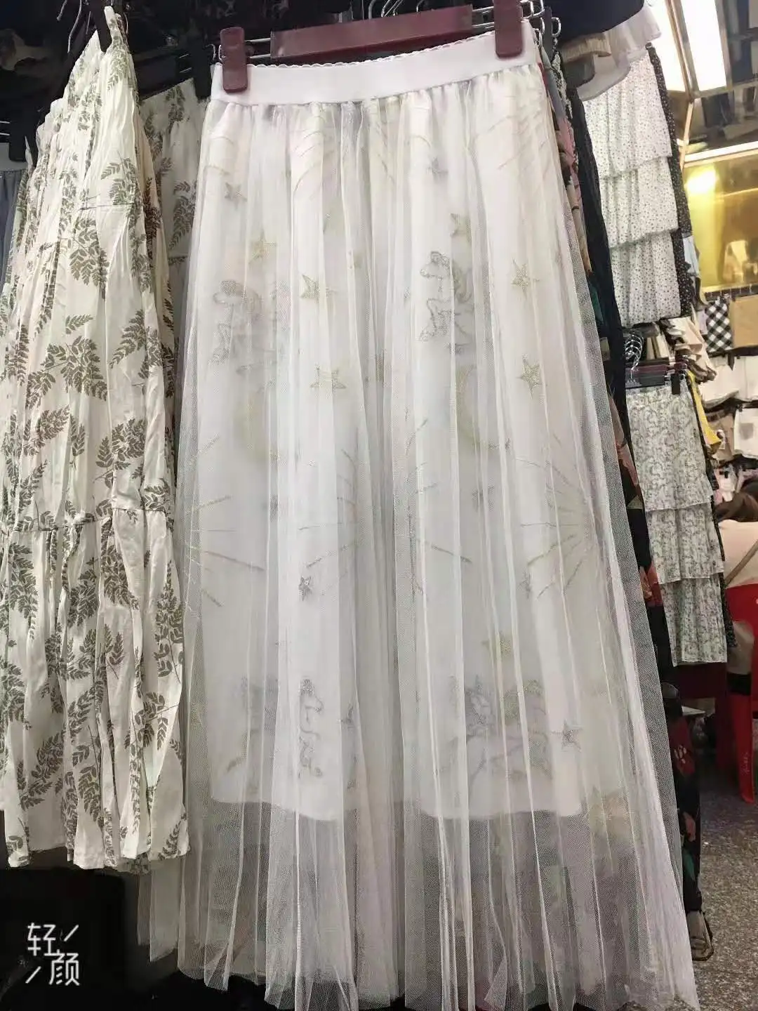 white 5 Female Skirts Women Elegant High Waist Embroidered Star Goose Pattern casual fashion Gauze Skirt - Цвет: white 5
