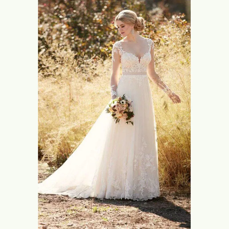 

Charming A Line Lace Long Sleeves Bridal Wedding Dresses Illusion Bateau Neckline Appliqued Bow Belt Wedding Gowns for Bride