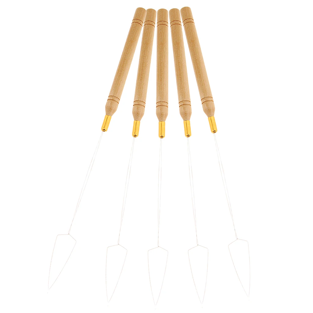 5Pcs Wooden Handle Pulling Loop Needles Kit Hair Extension Micro Beads Tools