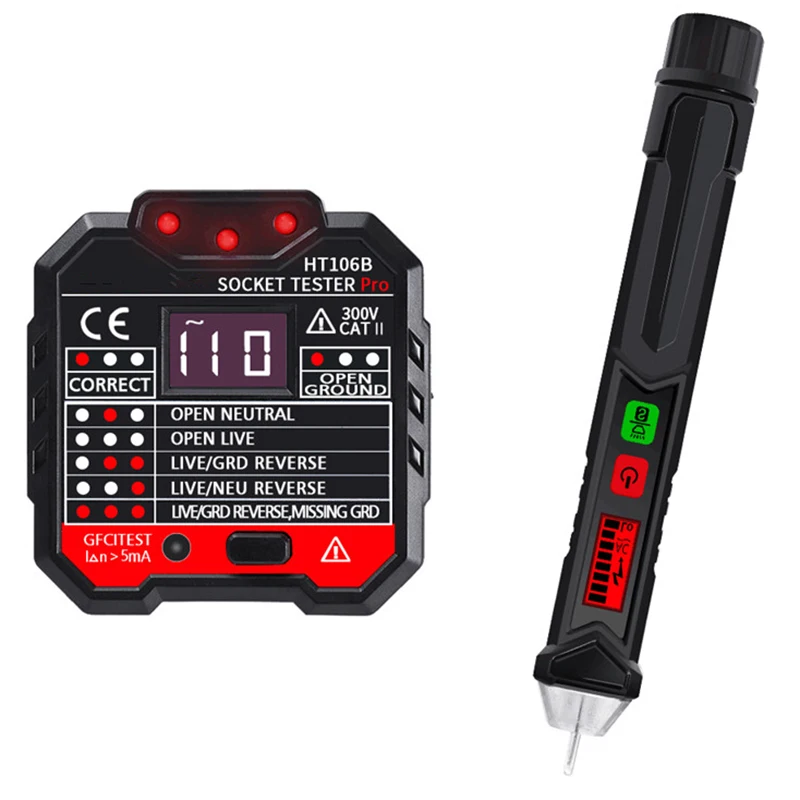 

HT106B Socket Outlet Tester Circuit Polarity Voltage Detector with Winpeak ET8900 Voltage Tester Pen Durable(EU Plug)