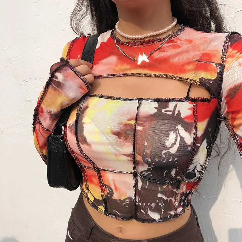 Summer 2022 Spring Women Bodycon Mesh T-Shirt Hollow Out Tie Dye Printed Party O-Neck Tees Long Sleeve Sexy Crop Tops Female off white t shirt