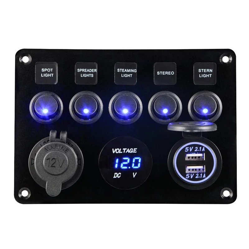 Blue LED 5 Gang 8/5 банда ВКЛ-ВЫКЛ тумблер панель 12V~ 24V+ двойной USB разъем зарядное устройство светодиодный вольтметр+ розетка для лодки морской RV грузовик автомобиль - Цвет: Blue LED 5 Gang