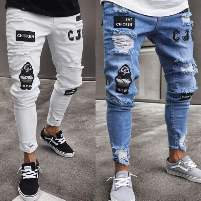 

Men Ripped Jeans Super Skinny Fit Zipper Denim Pant Destroyed Frayed Trousers Cartoon Gothic Style Pant Men Clothes