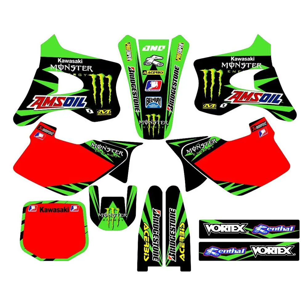 

New Full Graphics Decals Stickers Custom Number Name 3M Bright Matte Stickers Waterproof For Kawasaki KX125-KX250 1994-1998