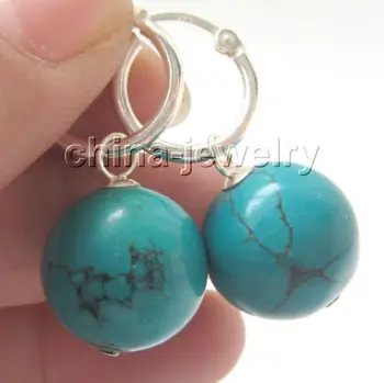 

FREE SHIPPING hot sale Beautiful 14mm natural round turquoises earring - 925 silver hoop