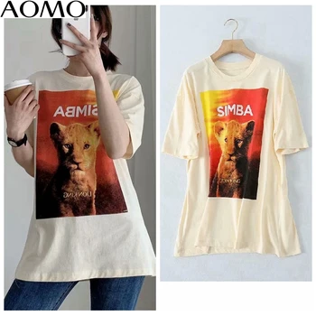 

AOMO 2020 women oversized cute print beige cotton T shirt short sleeve 2020 summer tees ladies casual top 5B17A