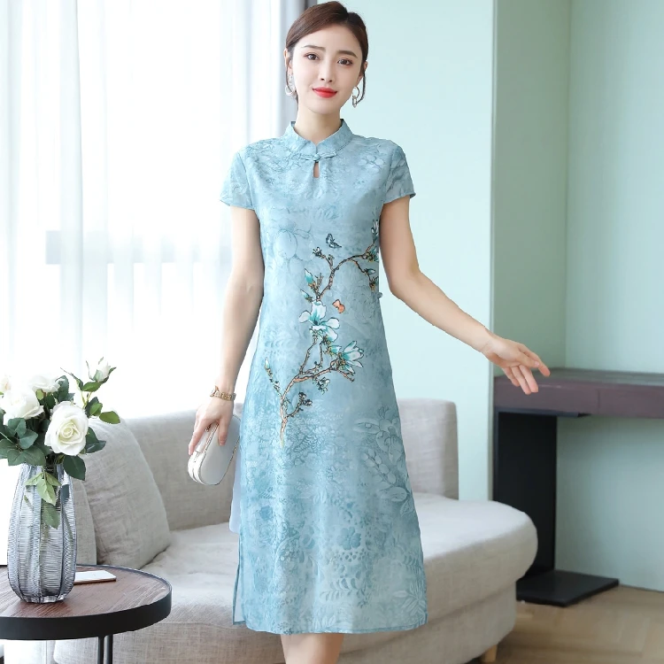 Китайское традиционное платье для женщин Qi Pao cheongsam элегантное улучшенное высококачественное винтажное платье Ципао с принтом размера плюс - Цвет: blue