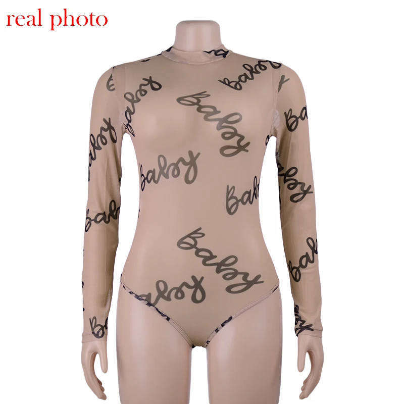 Cryptographic Transparent Mesh Bodysuit Bodycon Sexy Jumpsuits Slim Long Sleeve Women Tops Letter Print Fashion Body Clothes