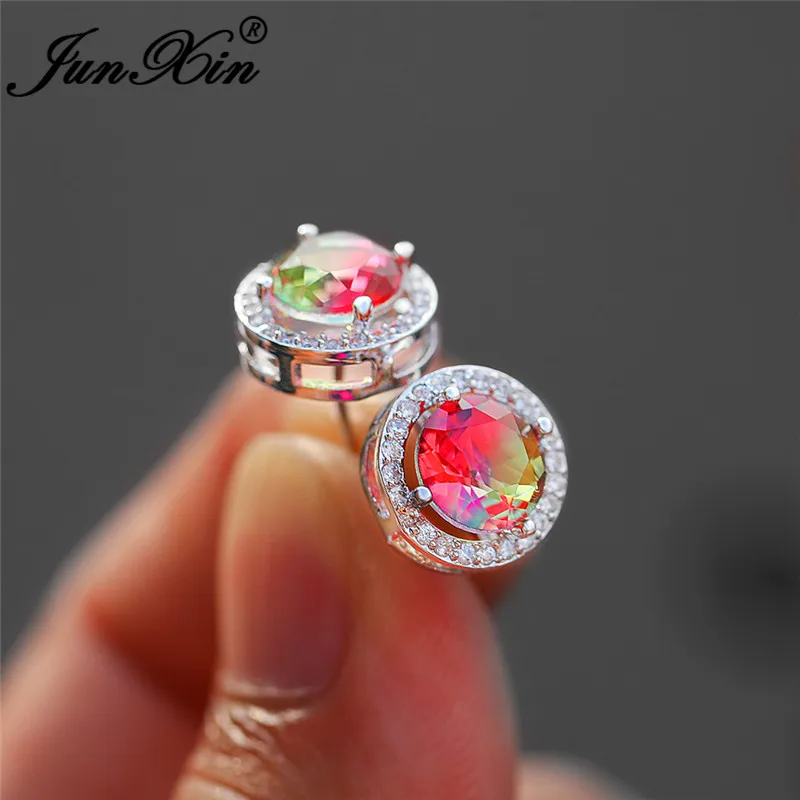 Green Pink Earrings Boho градиент Красочные фиолетовый розовый Циркон Круглые серьги гвоздики для женщин 925 серебро Радуга огонь кристалл свадебные серьги, ювелирные изделия - Окраска металла: Green Pink Earrings