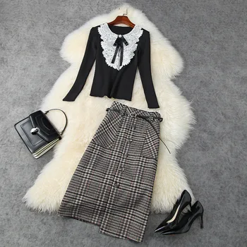 

European and American women's wear 2020 winter new style Long-sleeved lace knit sweater Plaid skirt Fashion suits