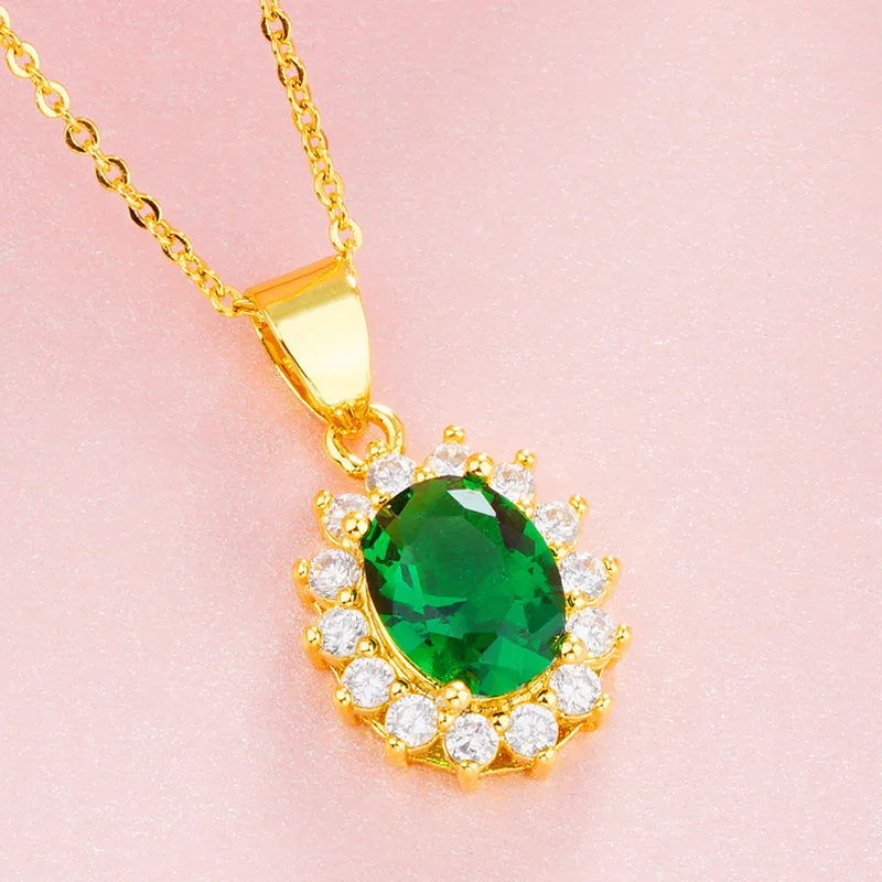 green pendant OMHXFC Европейская мода женщина девушка вечерние день рождения свадьба подарок Овальный AAA циркон 24KT золотое ожерелье с подвеской Шарм PN329 - Цвет камня: green pendant