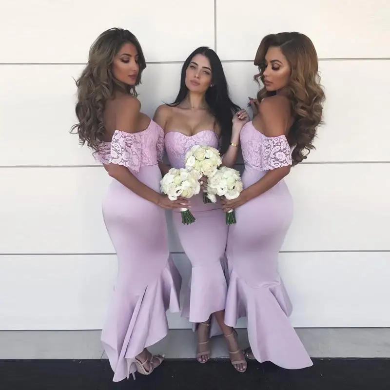 

new Sweetheart Short Sleeve Long Prom Party gown Robe de d'honneur 2018 Lace Off Shoulder Hi-Lo Mermaid Bridesmaid Dresses