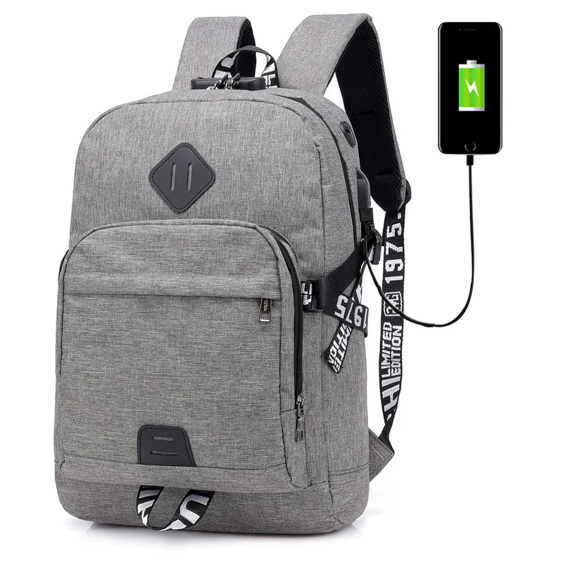 

Cross Border Foreign Trade USB Charging Backpack Men And Women Couples Solid Color Earphones Jack Backpack with Password Lock Ba
