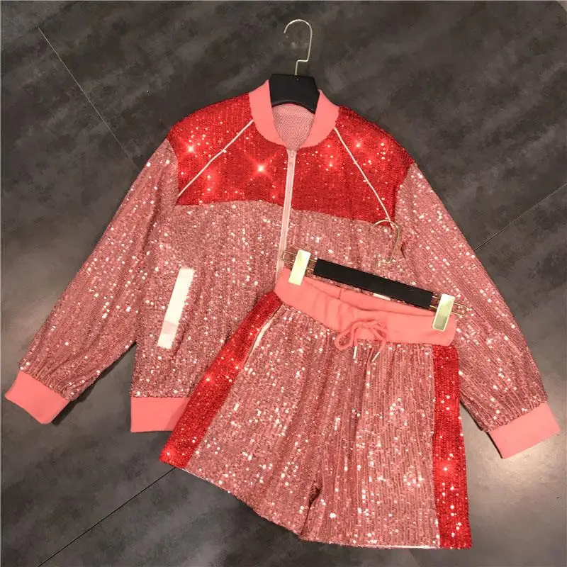 

Spring Outfits Long Sleeve Pink Sequins Zipper Jacket Set Sequined Coat And Elastic Shorts Women Two Piece Set