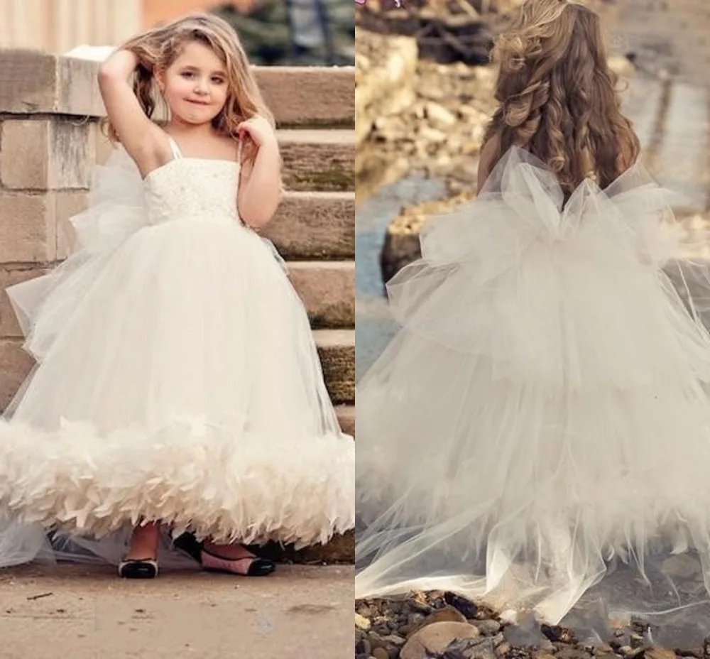 

Fast delivery Custom Made Fancy Girls Puffy Dresses Evening Gowns Children Flower Girls Dress White Spaghetti Strap Organza