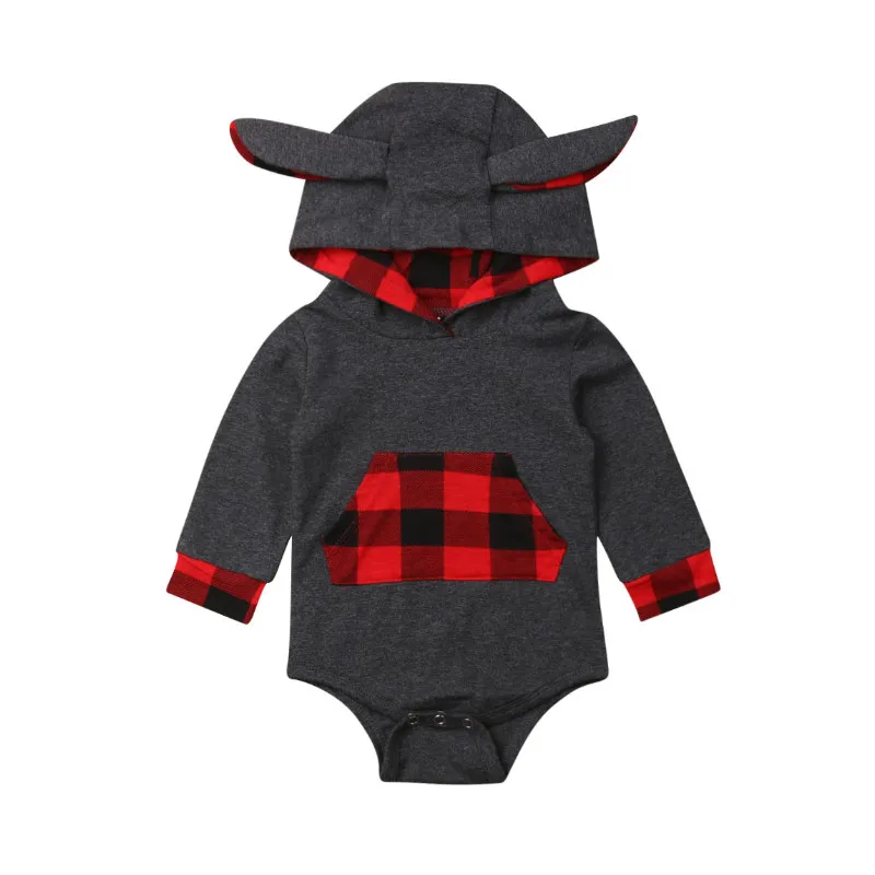 

Spring Autumn Toddler Baby Boy Girl Clothes Long Sleeve Plaid Patchwork Hooded Warm Soft Romper Outfits