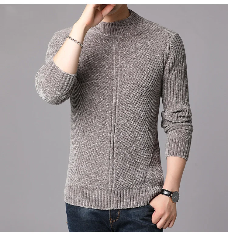 Autumn Winter Men's Half Turtleneck Sweater Korean Version Personality Chenille Sweater Pullover Sweater Men's Casual Wear