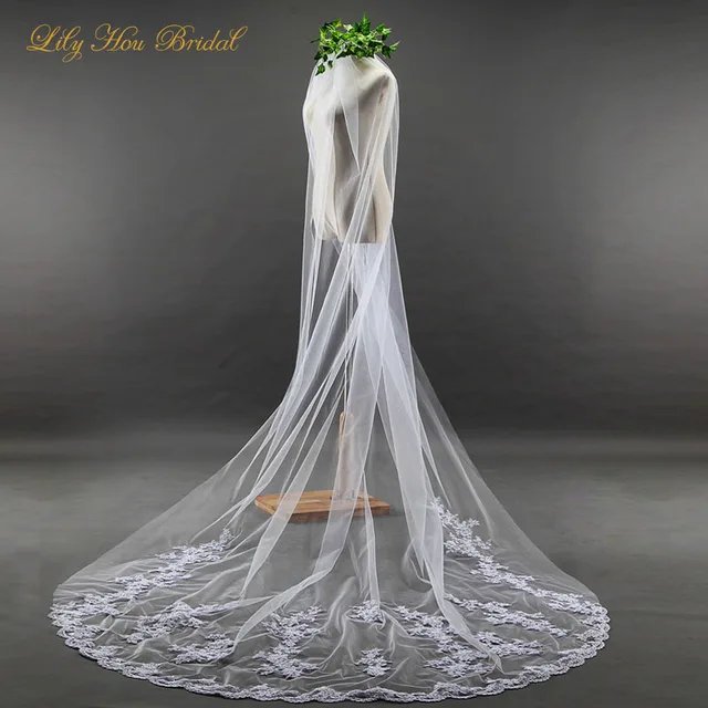 $ Free Shipping Elegant Long Bridal Veil Lace Appliques Embellished Tulle Wedding Party Accessories with Comb