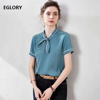

Tops Fashion Blouses 2020 Summer Luxury Silk Women Bow Collar Color Block Patchwork Short Sleeve White Blue National Silk Blouse