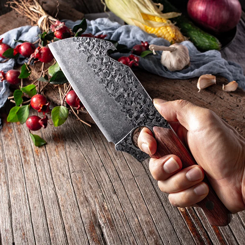 Нож из нержавеющей стали с узором молотка для мяса твердой деревянной ручкой