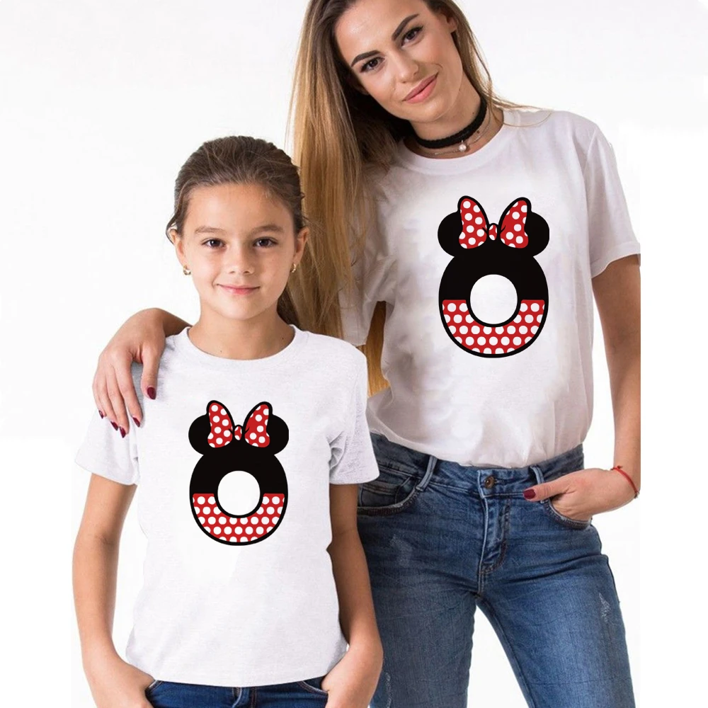 Lovely Minnie Mouse ABC Alphabet Printed T Shirts Matching Family Clothes Summer Short Sleeve Girl Boy Kids Look Tops | Мать и ребенок