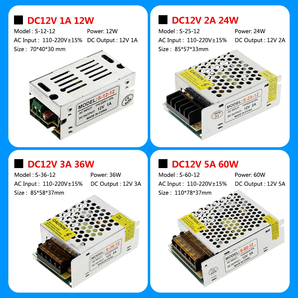 Источник питания DC12V 1A 2A 5A 8.3A 10A 15A 16.7A 20A 25A 30A 33A 40A 50A Трансформаторы освещения