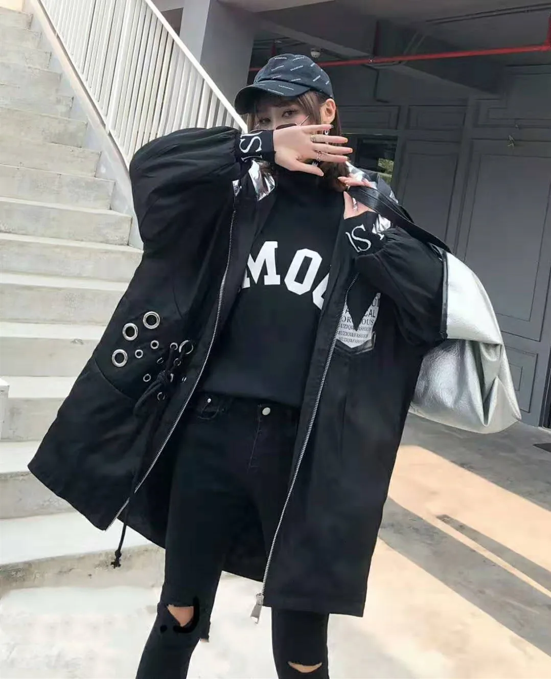 Женская Толстая теплая парка, черная зимняя парка с капюшоном, с буквенным принтом, на молнии, с карманами, Свободное пальто, уличная одежда, QYF1115