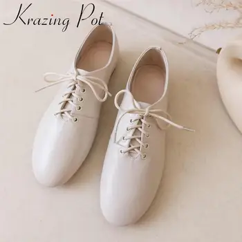

Krazing pot new simple style sheep leather round toe low heels soft cozy bowtie handmade young lady daily wear spring pumps L89