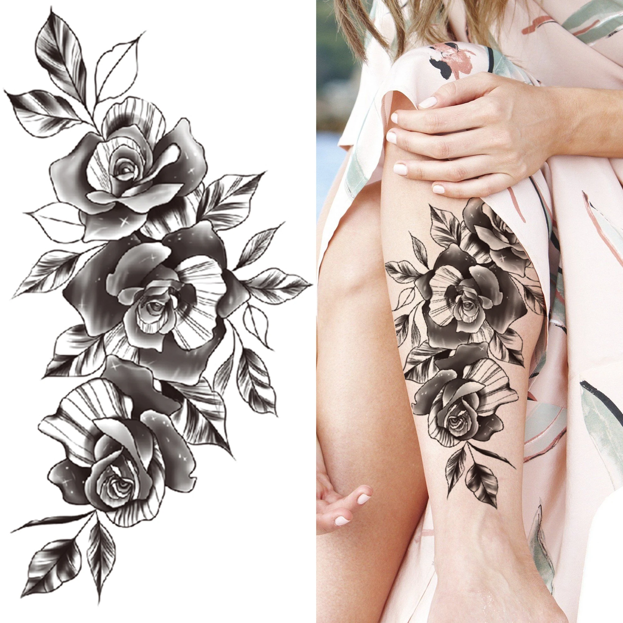 Briyhose 10 Sheet Realistic Floral Dragon Tattoo Temporary Thigh Tattoos  For Women Adults, Large 3D Color Black Flower Rose Dragon Sleeve Fake Arm