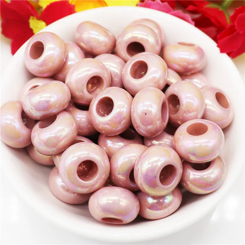 10Pcs Pink Color Smooth Surface European Resin Murano Large Hole Spacer Beads Charms for Bracelet DIY Craft Bracelet Necklace