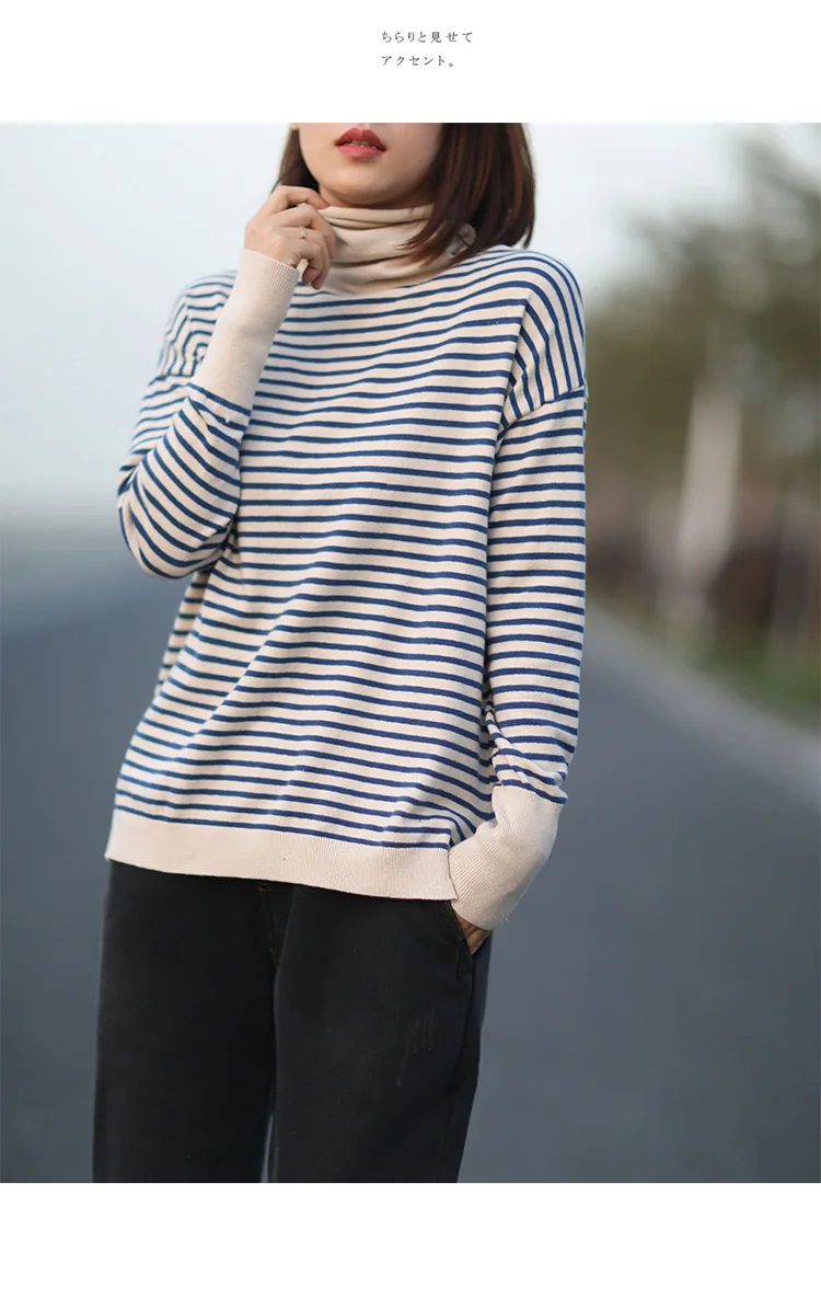Korean Women Casual Loose Thin Tshirt All Match Striped Turtleneck Autumn Winter Female T-shirt Sweater Women Casual Basic Wear