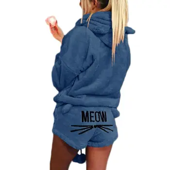 

Women Girls Plus Size Winter Thicken Pajamas Set Cute Cat Meow Embroidered Short Pants Long Sleeve Hooded Ears Sweatshirt Warm