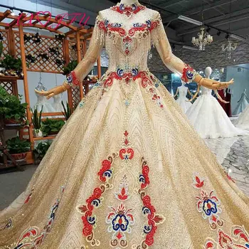 

AXJFU luxury princess beading crystal red flower golden lace high neck long sleeve illusion bride golden wedding dress 4041